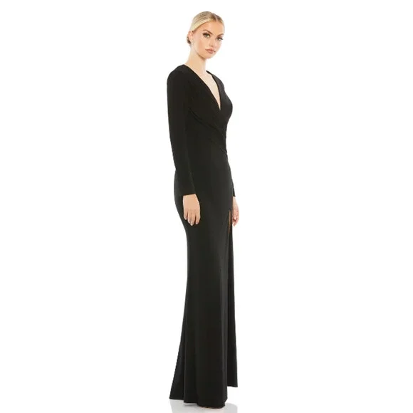 IEENA FOR MAC DUGGAL Jersey Gown 12 Black Long Sleeve Asymmetrical Ruched NWT - Picture 4 of 15